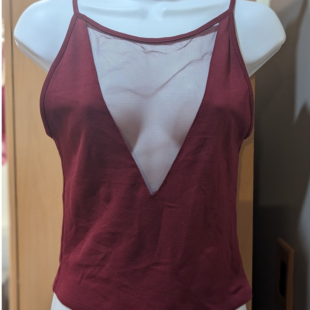 Silence + Noise Burgundy Leah Plunging Mesh Deep V-Neck Cami Tank Top Large NWT